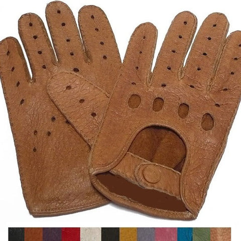 Luxury Handmade Peccary Mens Leather Driving Gloves – Full-Finger, Unlined with Ventilation Design