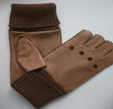 Men's alpaca cuff half finger peccary leather gloves